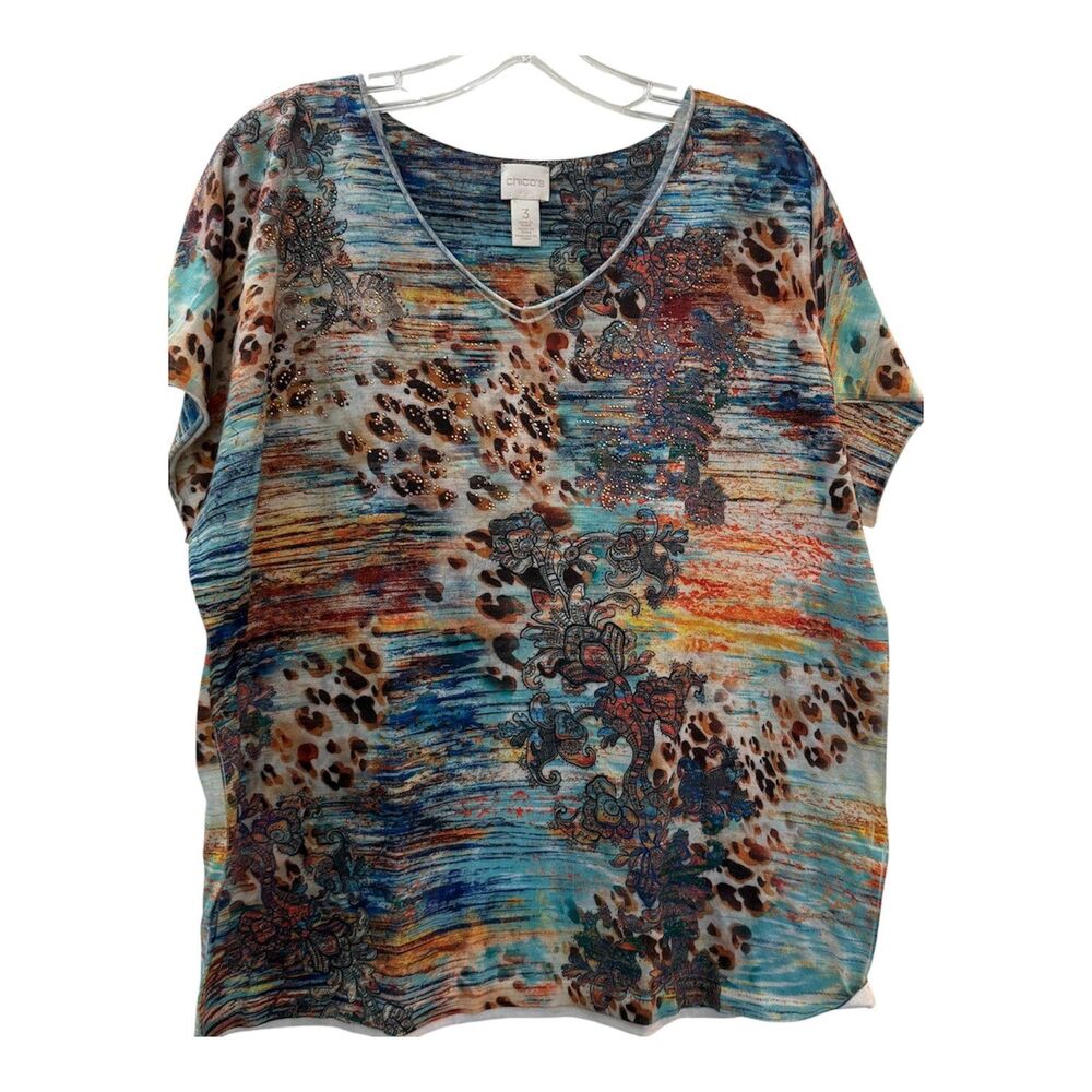 Chicos Top Size XL Multicolor Animal Floral Paisley Mixed Print Beaded T Shirt